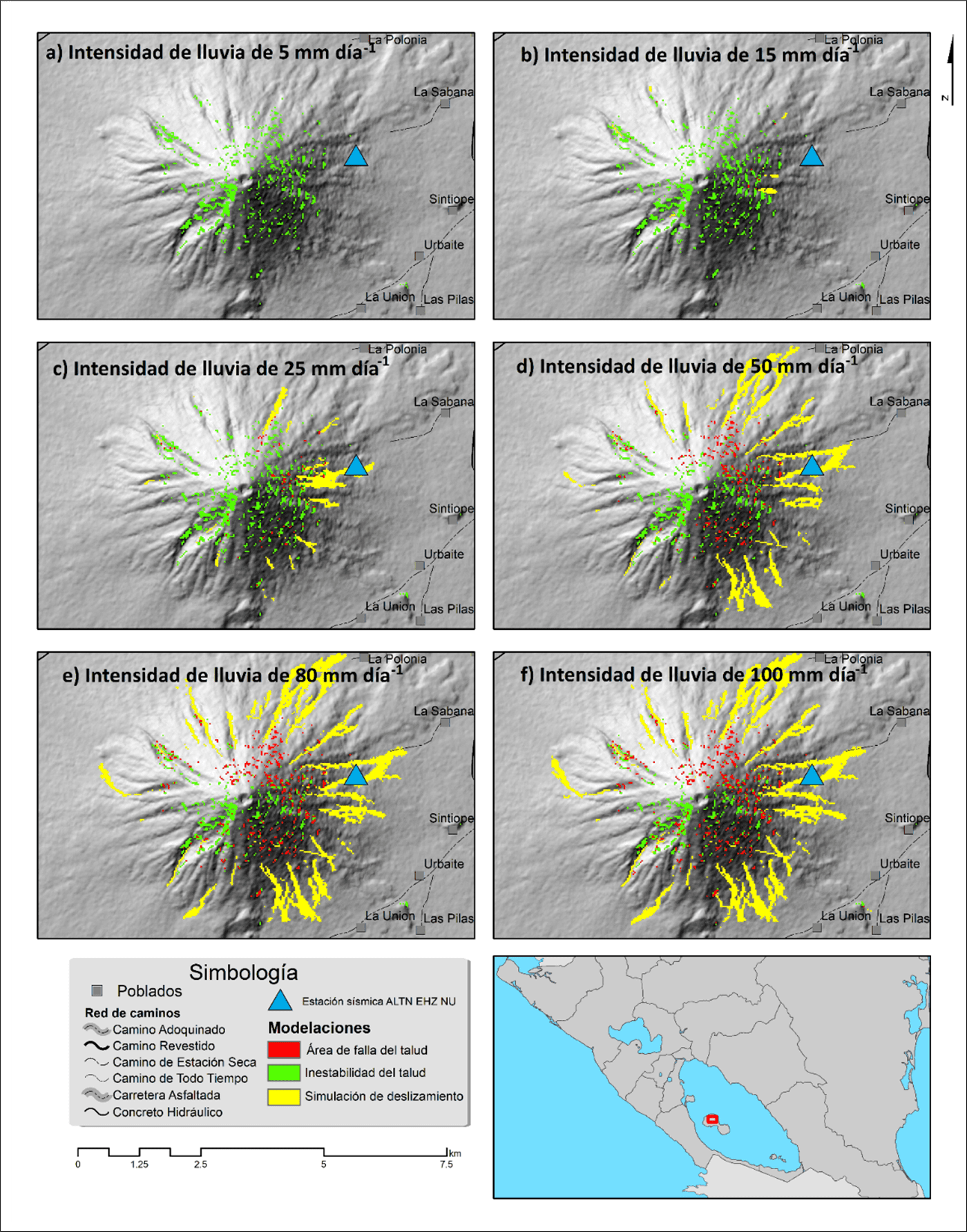 Modelaciones
de lahares para diferentes intensidades de lluvia con el programa
LandslideSim2016®.