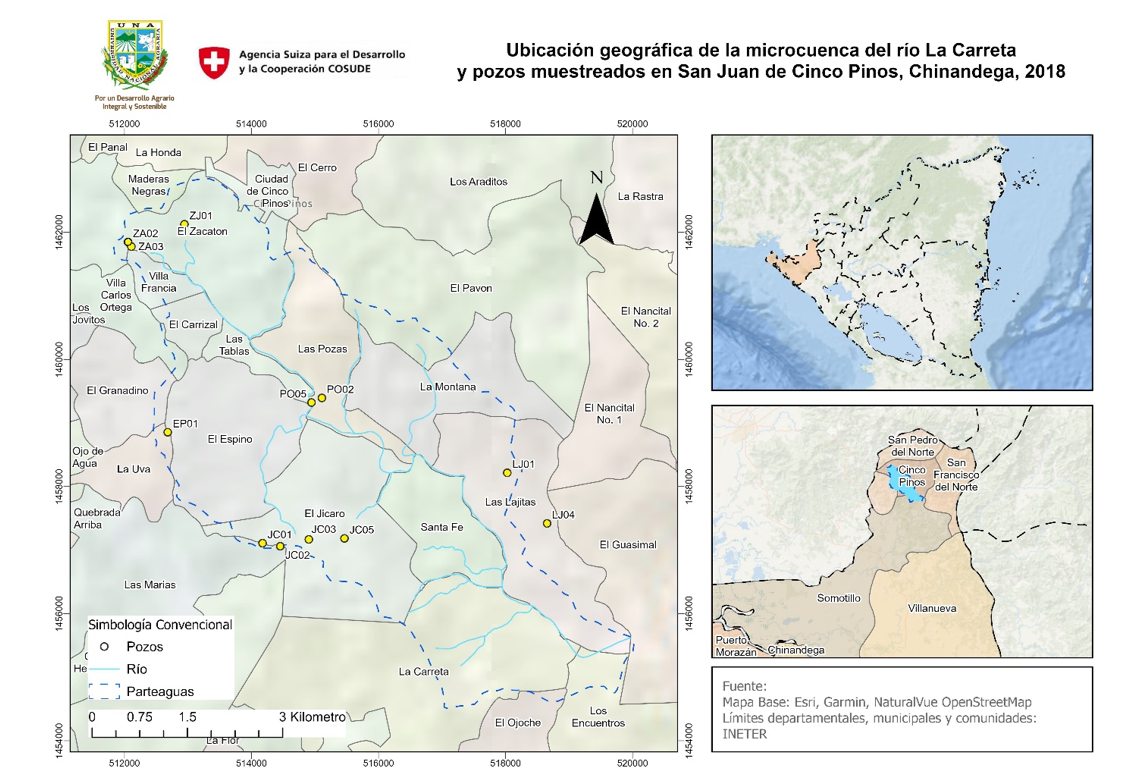Ubicación
geográfica de la microcuenca del río La Carreta y pozos muestreados, San Juan
de Cinco Pinos, Chinandega.