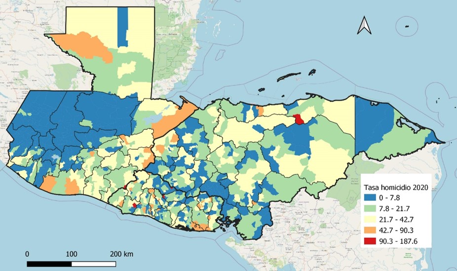 Distribución de tasas de homicidio en la región norte de Centroamérica
(2020) 
-rupturas naturales cinco clases-