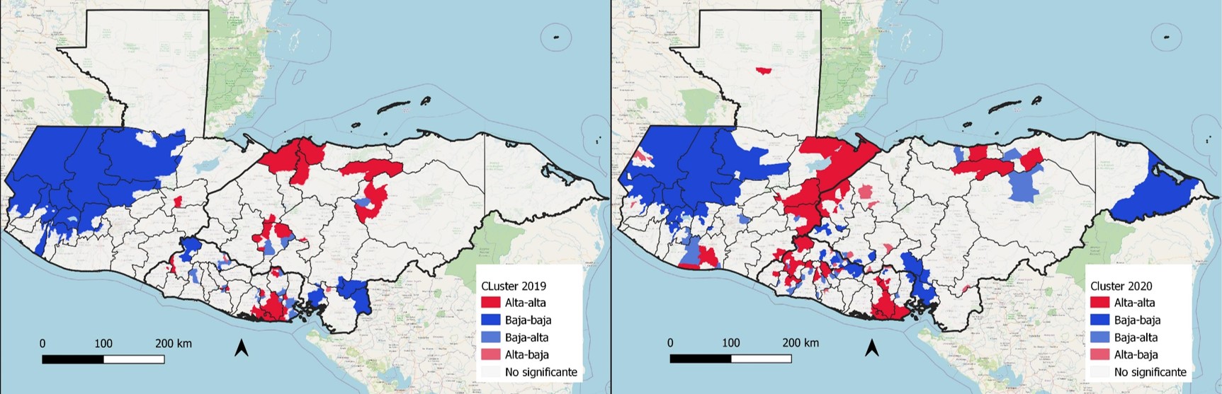 Clasificación
de conglomerados I de Morán Local en la región norte de Centroamérica (2019-2020)