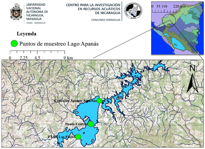 Localización de los
puntos de muestreo en el embalse Apanás-Asturias en Sep-19 y Sep-20).